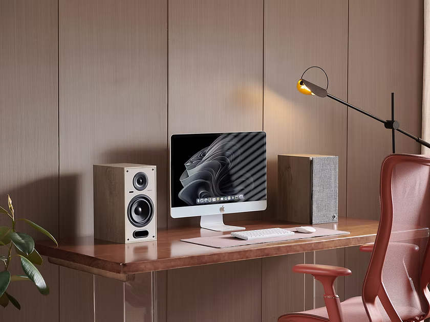 Elipson Horus 6B BT Active Speakers in Light Wood, in room set up
