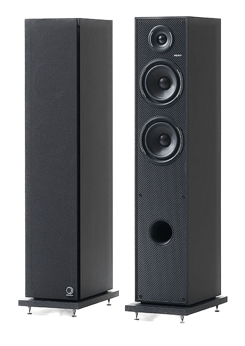 Elipson Horus 11F BT Active Floorstanding Speakers in Black angled, with and without grille