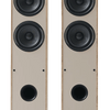 Elipson Horus 11F BT Active Floorstanding Speakers in Light Wood and Beige, front without grille