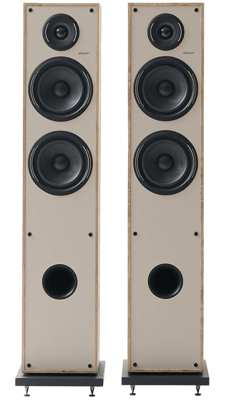 Elipson Horus 11F BT Active Floorstanding Speakers in Light Wood and Beige, front without grille