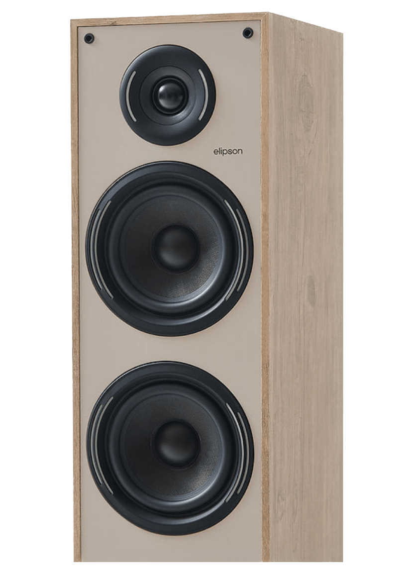 Elipson Horus 11F BT Active Floorstanding Speakers in Light Wood and Beige, closeup of individual speaker