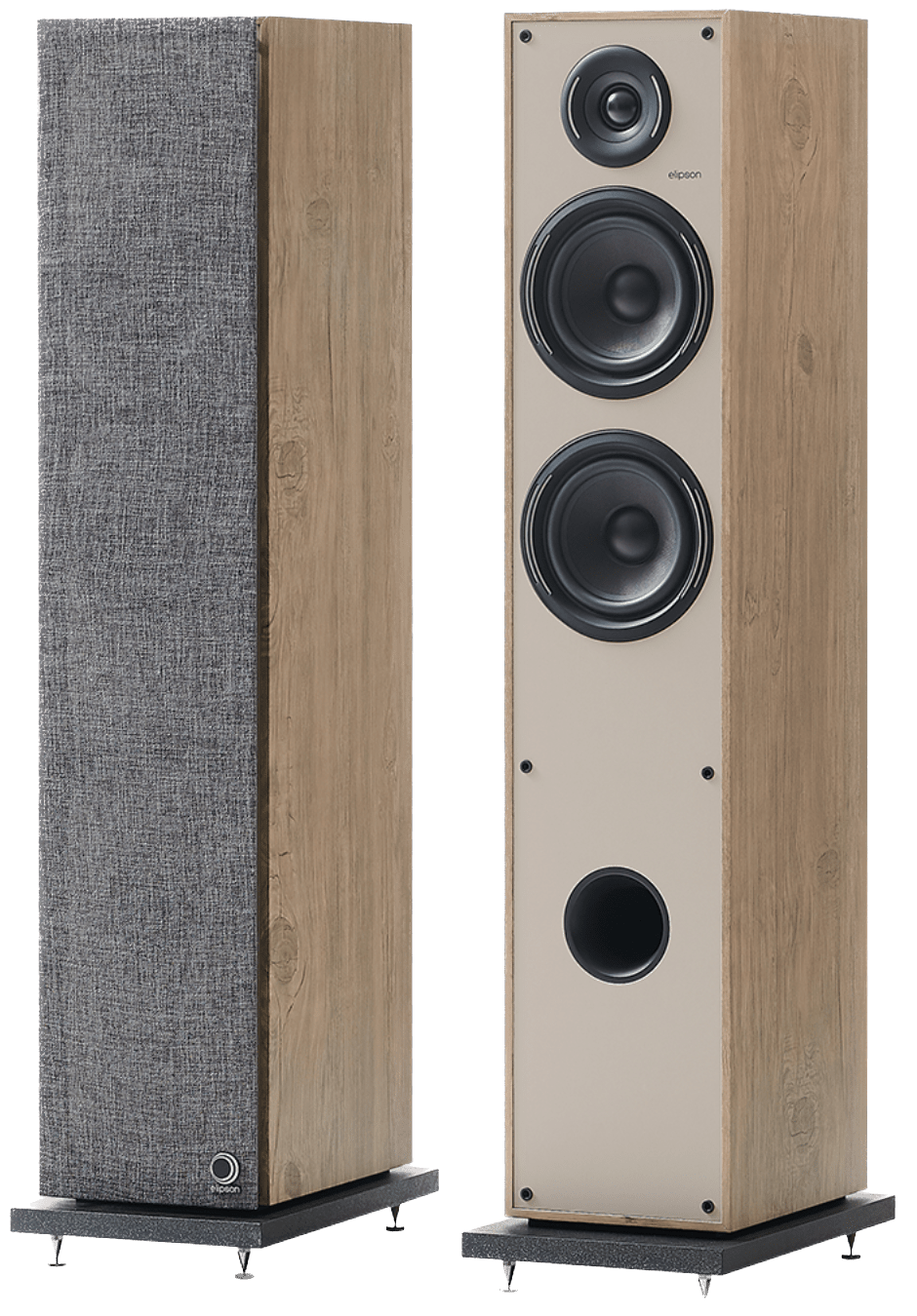 Elipson Horus 11F BT Active Floorstanding Speakers in Light Wood and Beige. with and without grille