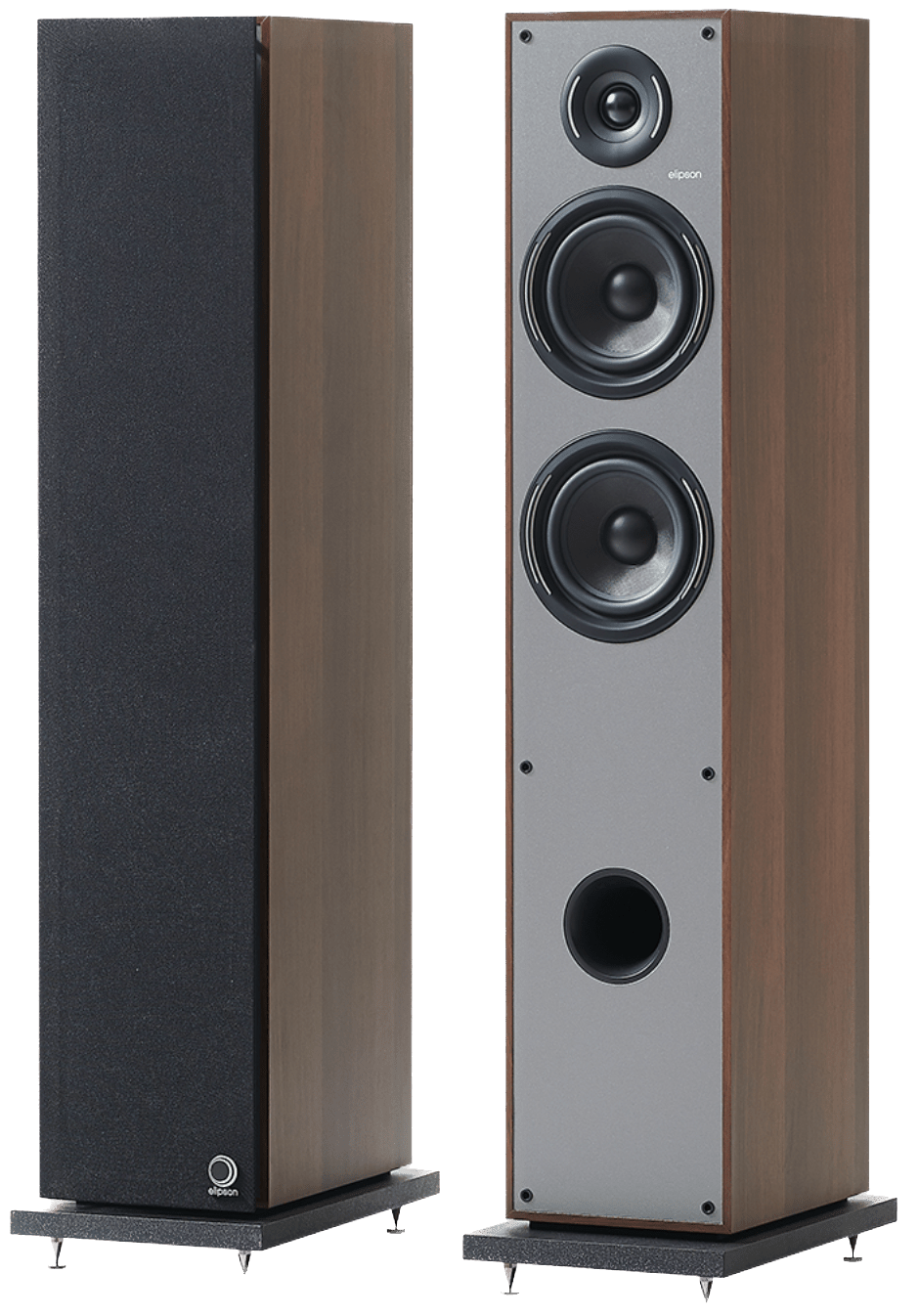 Elipson Horus 11F BT Active Floorstanding Speakers in Walnut with and without grilles