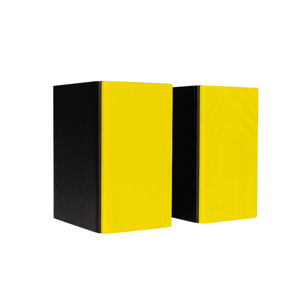Encel Gelati Bookshelf Speakers in Birch Black with lemon yellow grilles