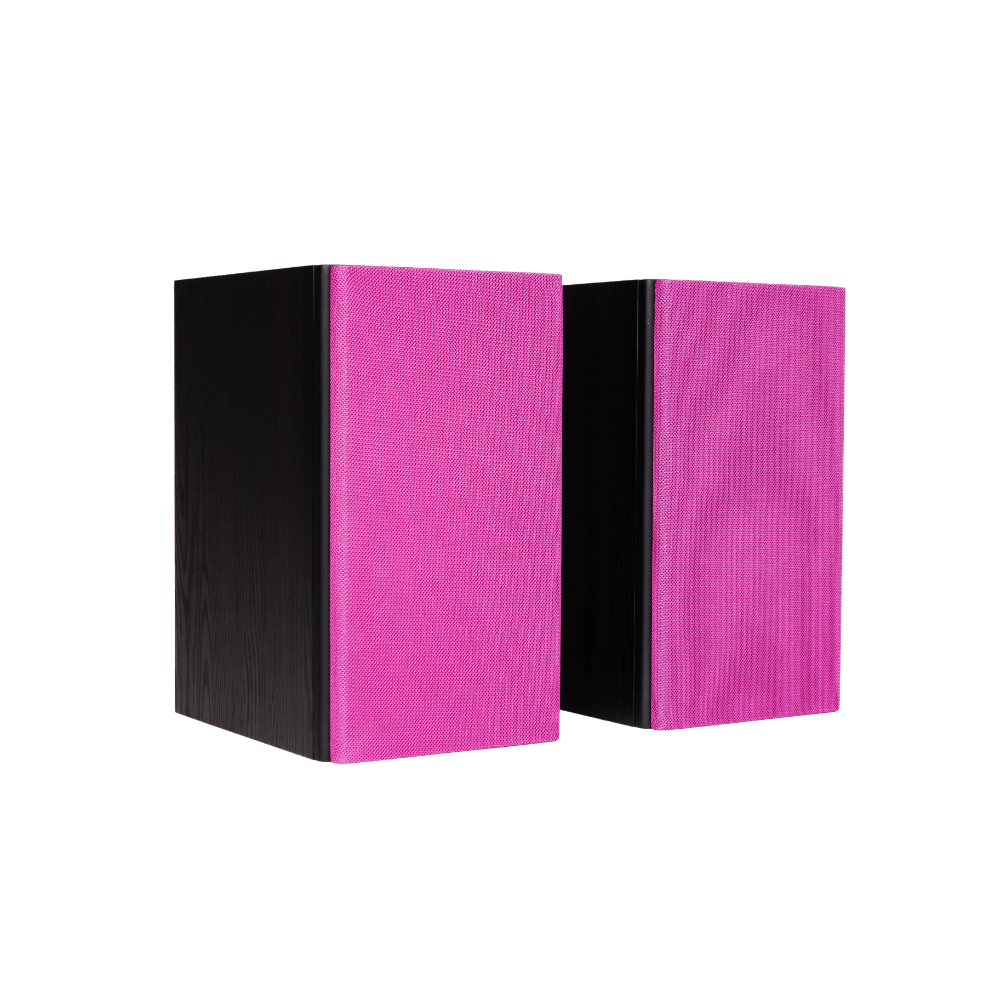 Encel Gelati Bookshelf Speakers in Birch Black with valentine pink grilles