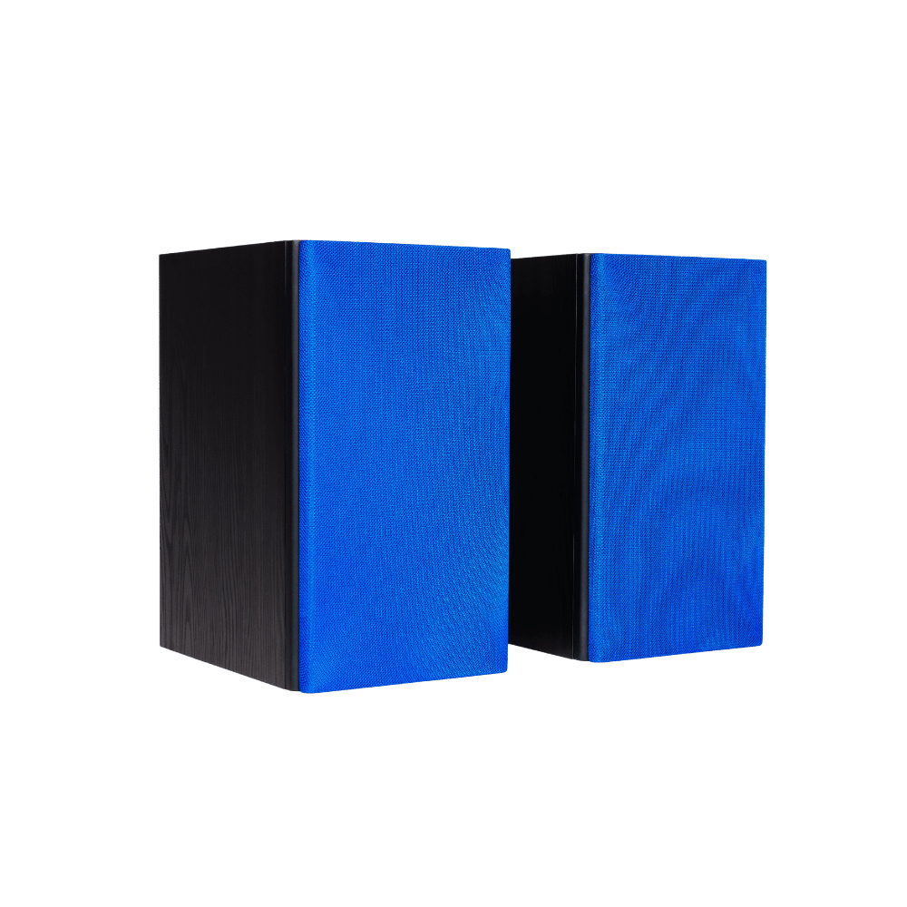 Encel Gelati Bookshelf Speakers in Birch Black with electric blue grilles