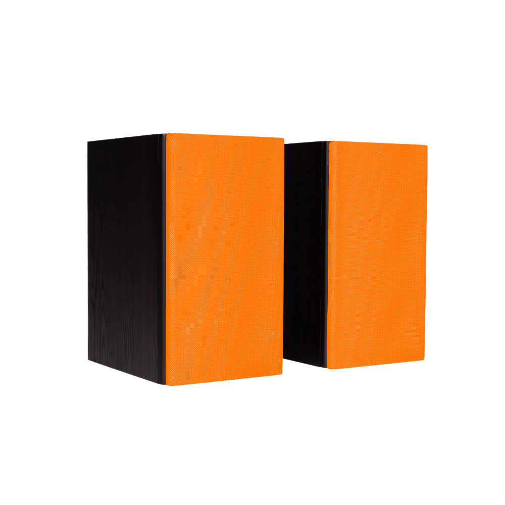 Encel Gelati Bookshelf Speakers in Birch Black with fluro orange grilles