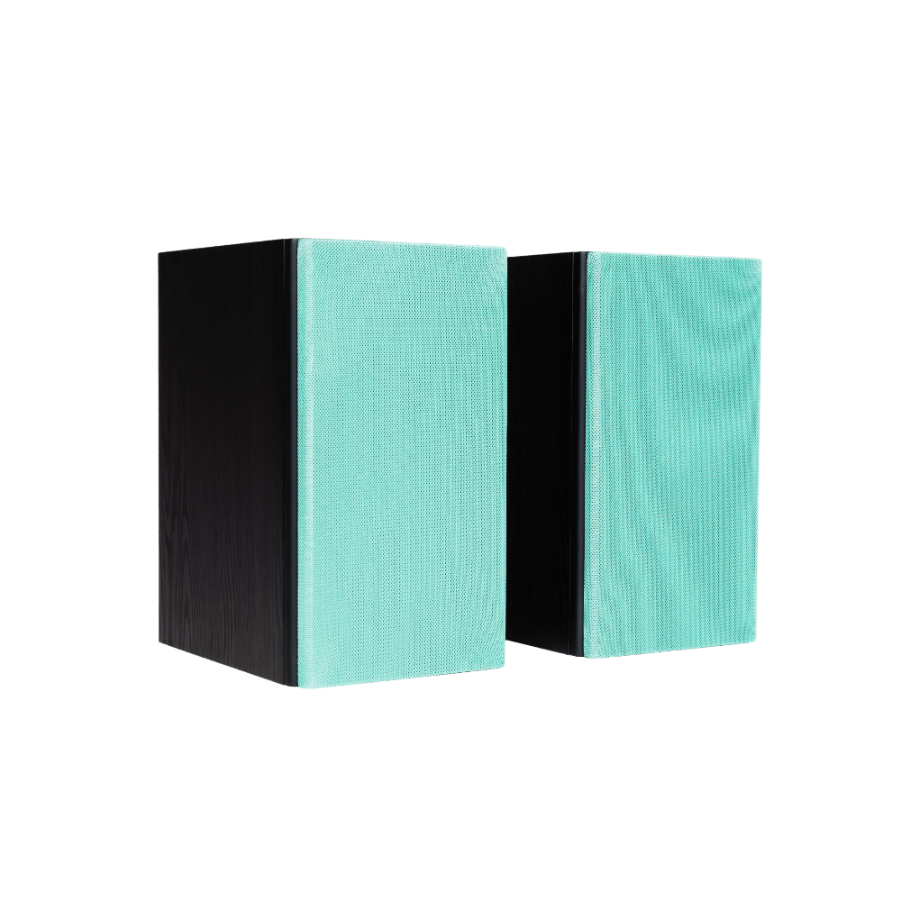 Encel Gelati Bookshelf Speakers in Birch Black with turquoise grilles