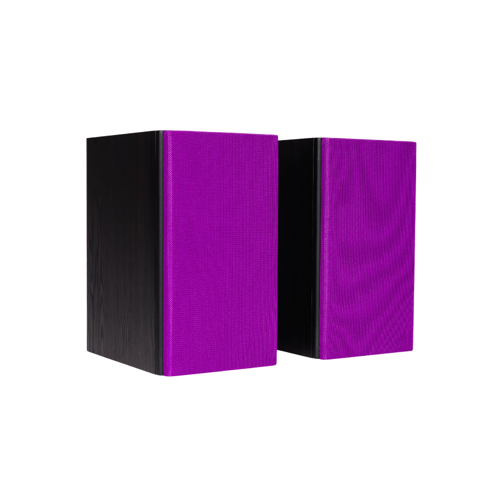Encel Gelati Bookshelf Speakers in Birch Black with plum purple grilles