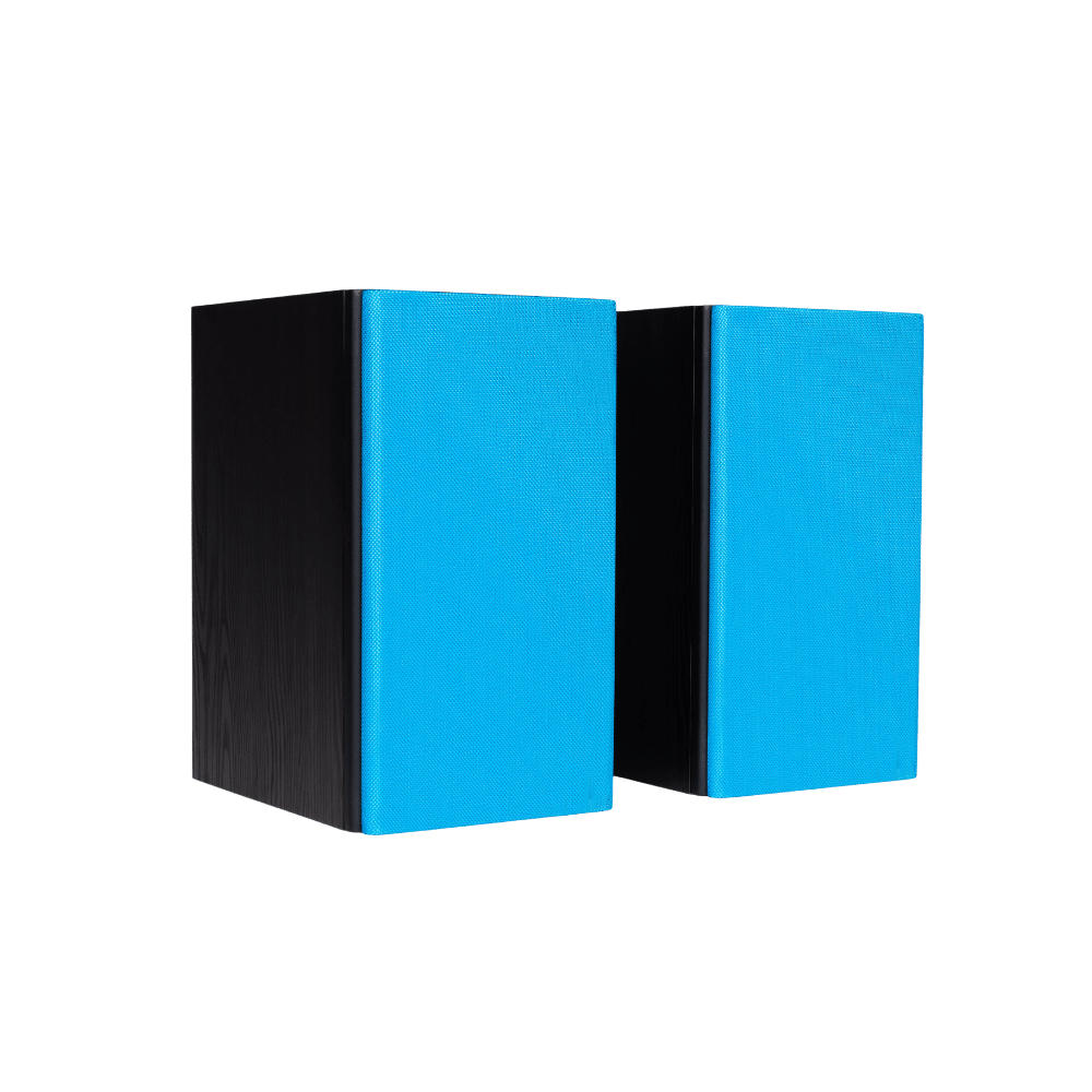 Encel Gelati Bookshelf Speakers in Birch Black with ocean blue grilles