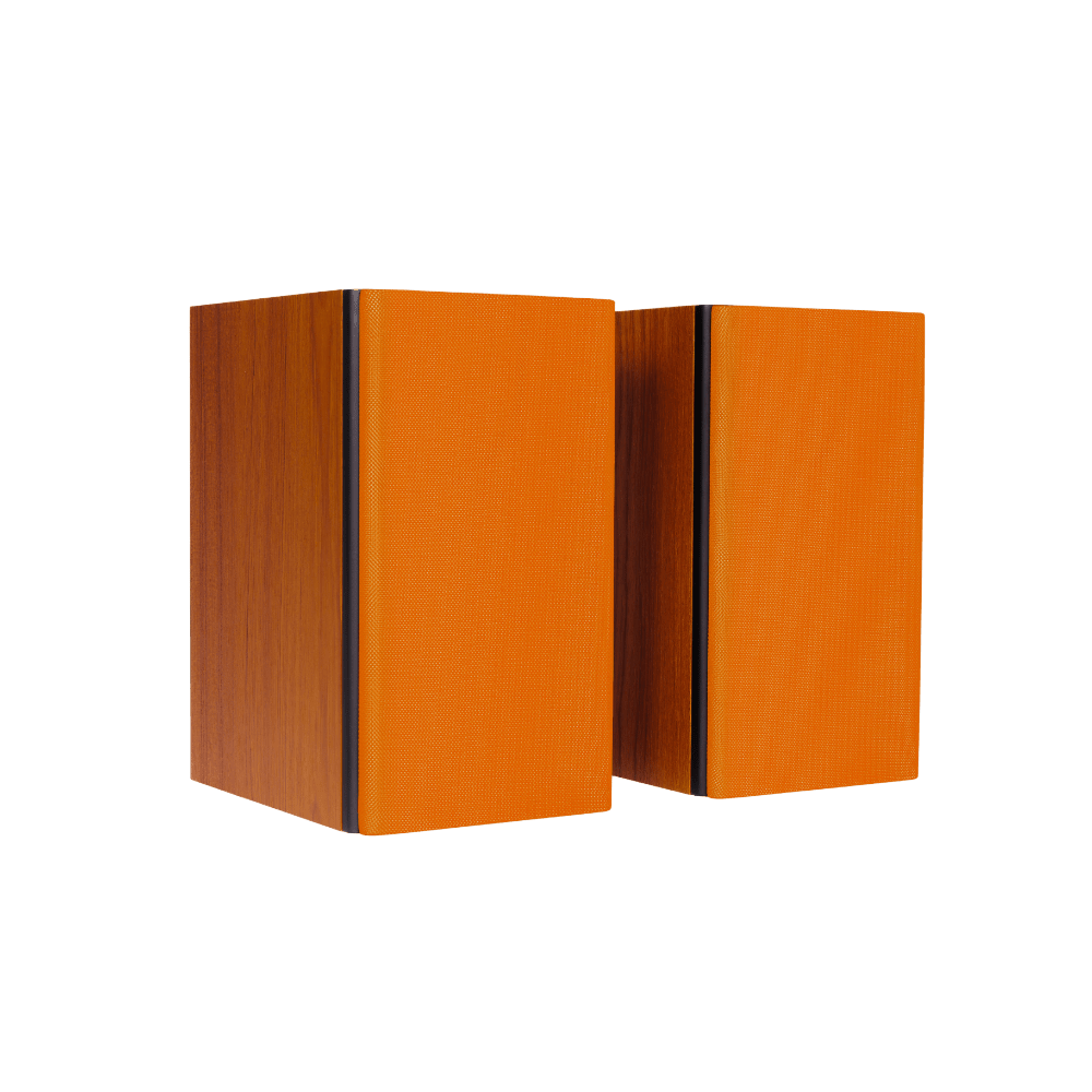 Encel Gelati Bookshelf Speakers in Caramel Walnut with Apricot Grilles