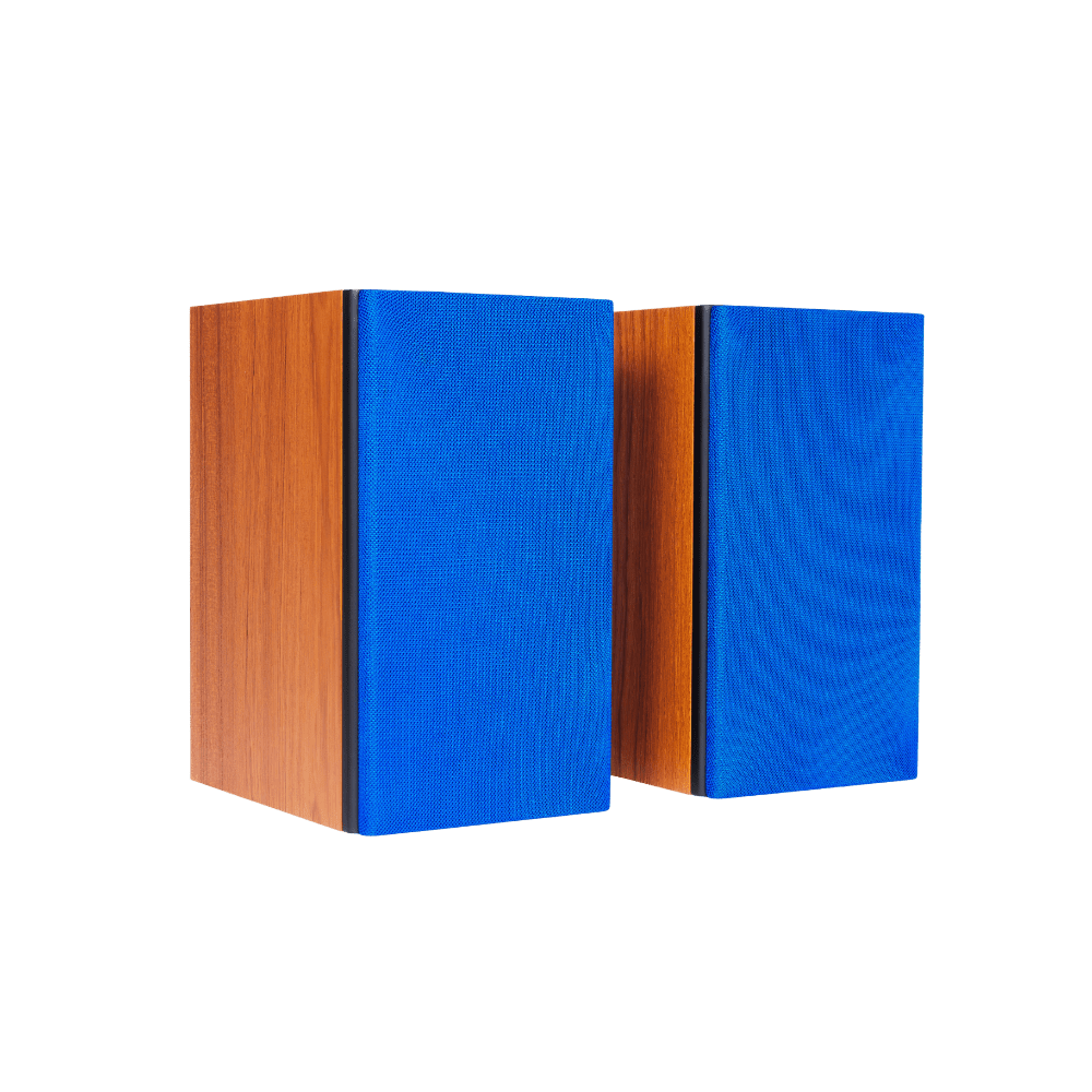 Encel Gelati Bookshelf Speakers in Caramel Walnut with Electric Blue Grilles