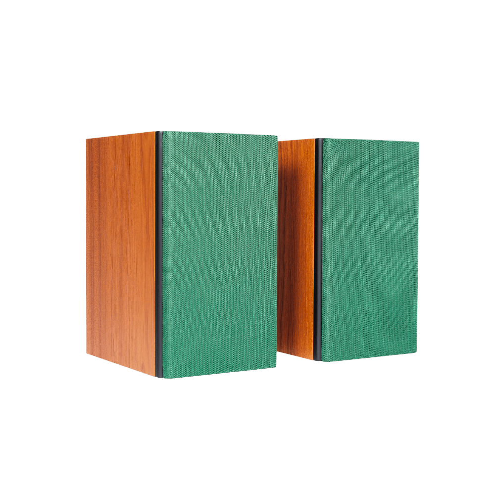 Encel Gelati Bookshelf Speakers in Caramel Walnut with Eucalyptus Green Grilles