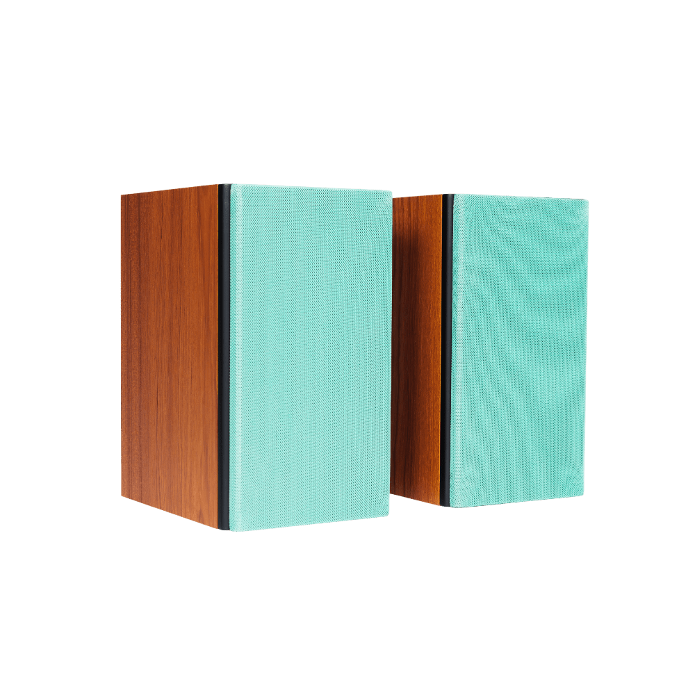 Encel Gelati Bookshelf Speakers in Caramel Walnut with Turquoise Grilles