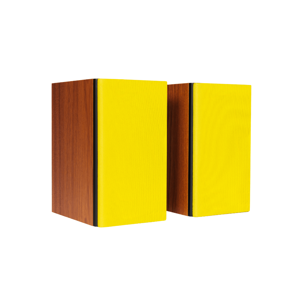 Encel Gelati Bookshelf Speakers in Caramel Walnut with Lemon Yellow Grilles