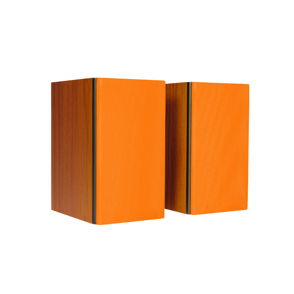 Encel Gelati Bookshelf Speakers in Caramel Walnut with Fluro Orange Grilles