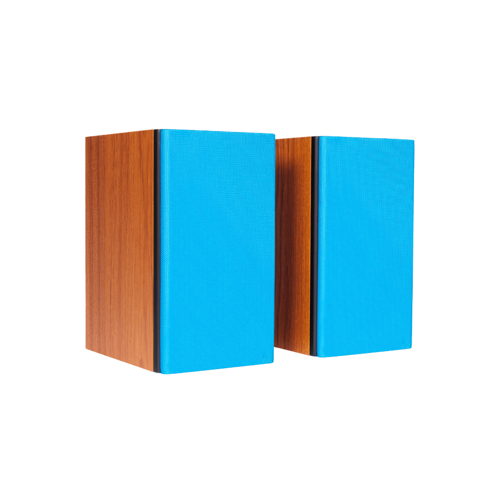 Encel Gelati Bookshelf Speakers in Caramel Walnut with Ocean Blue Grilles