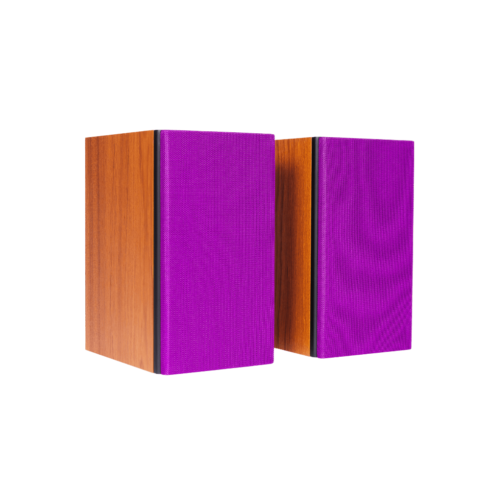 Encel Gelati Bookshelf Speakers in Caramel Walnut with Plum Purple Grilles