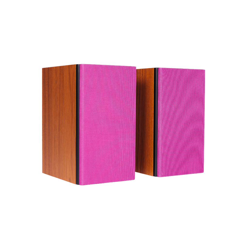 Encel Gelati Bookshelf Speakers in Caramel Walnut with Valentine Pink Grilles