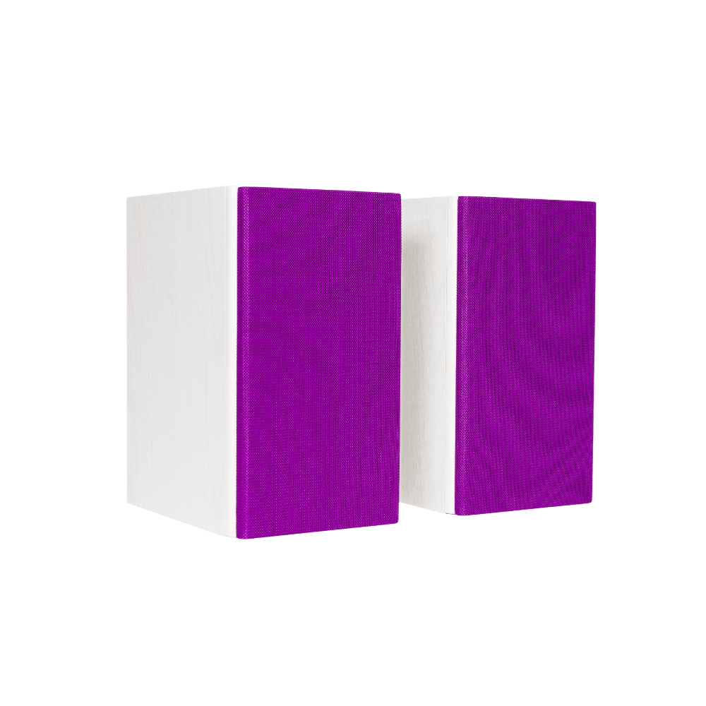 Encel Gelati Bookshelf Speakers in Vanilla White with plum purple Grilles