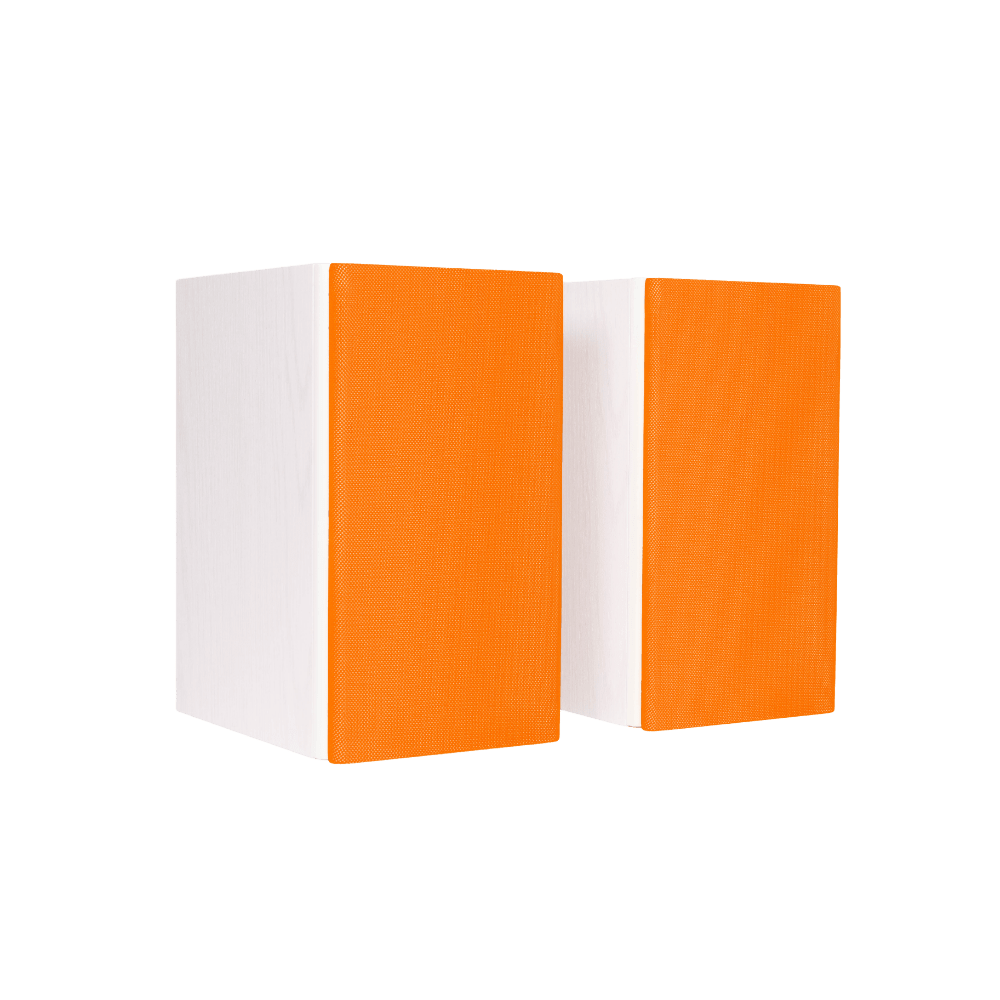 Encel Gelati Bookshelf Speakers in Vanilla White with fluro orange grilles