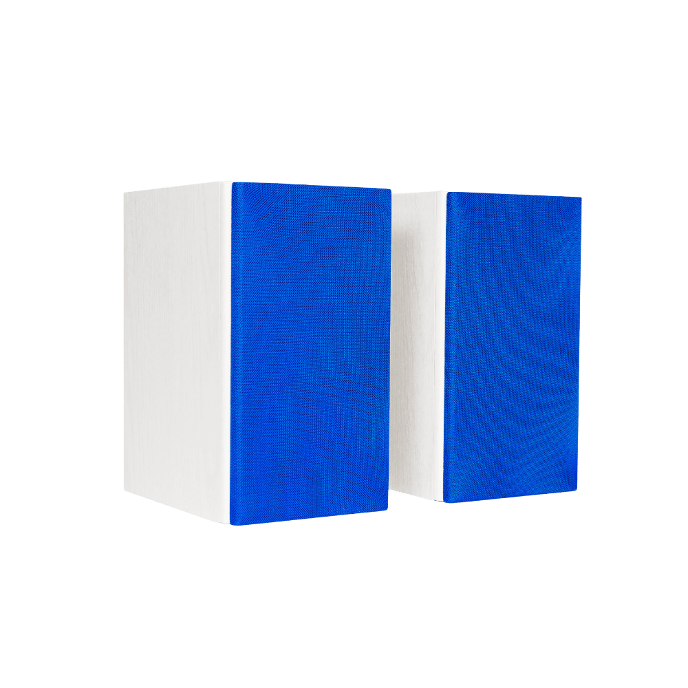 Encel Gelati Bookshelf Speakers in Vanilla White with electric blue Grilles