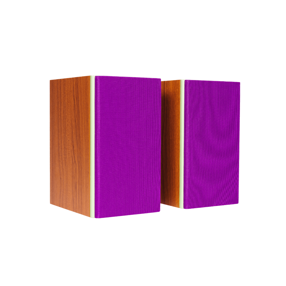 Encel Gelati Bookshelf Speakers in Walnut Pistachio with Plum Purple Grilles