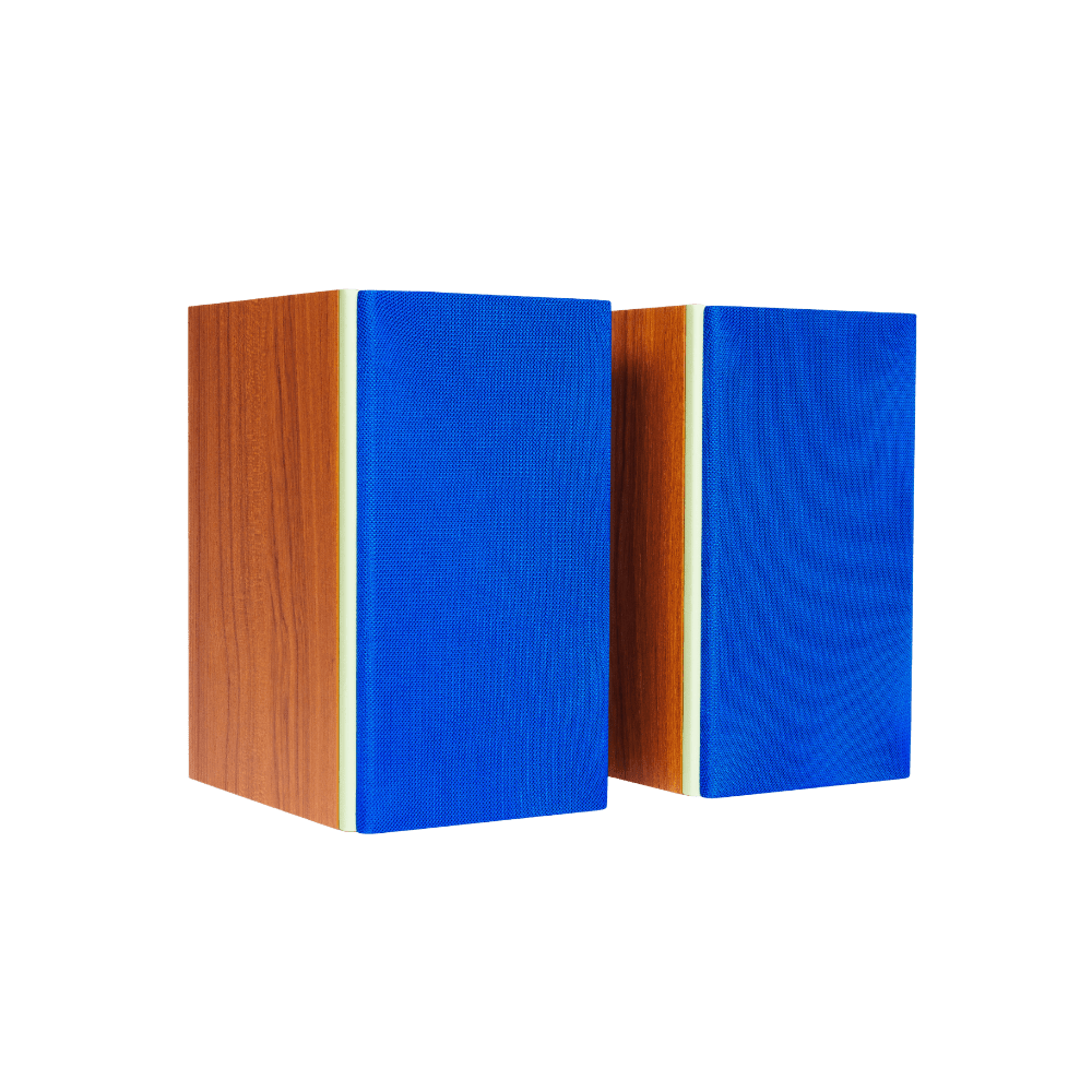 Encel Gelati Bookshelf Speakers in Walnut Pistachio with Electric Blue Grilles