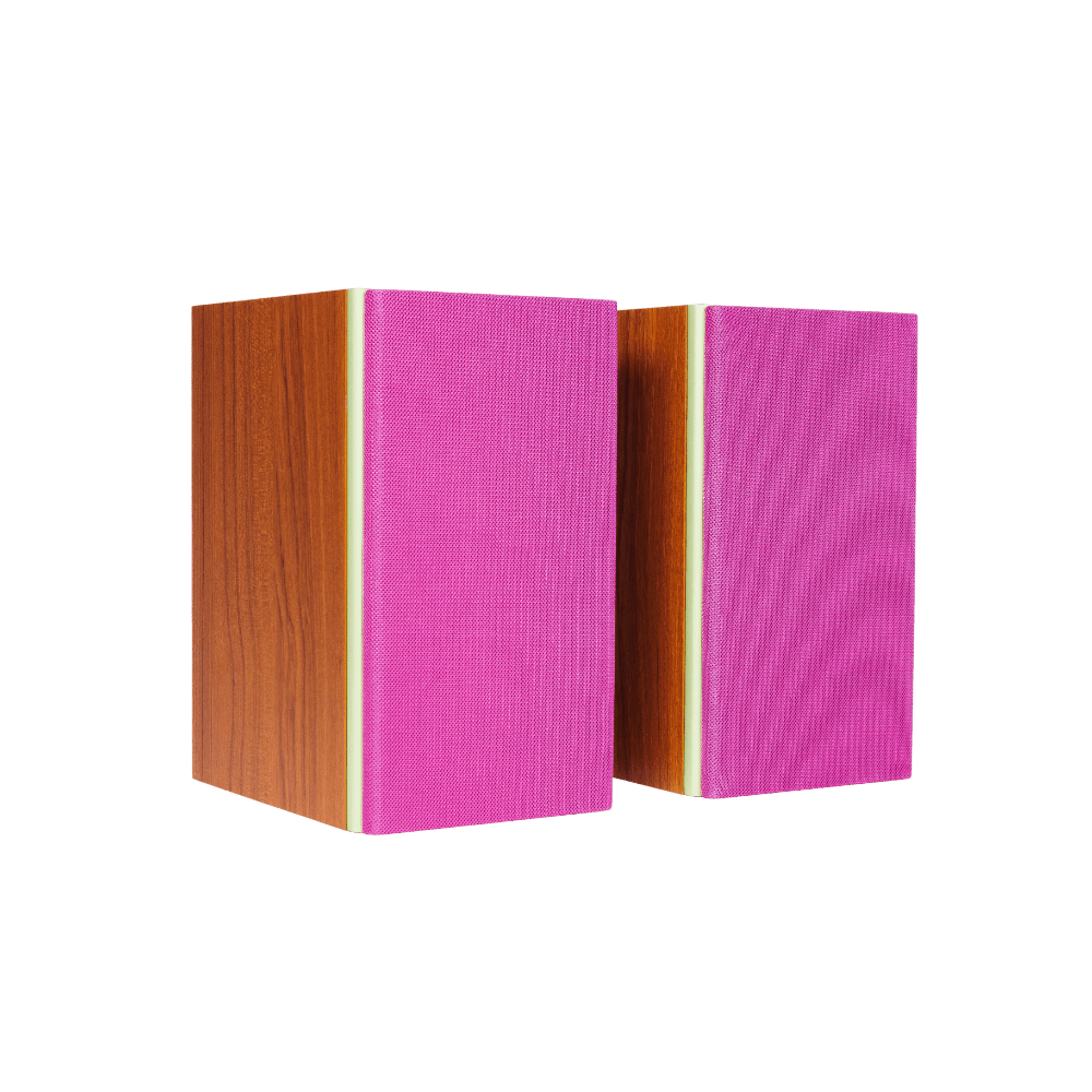 Encel Gelati Bookshelf Speakers in Walnut Pistachio with Valentine Pink Grilles