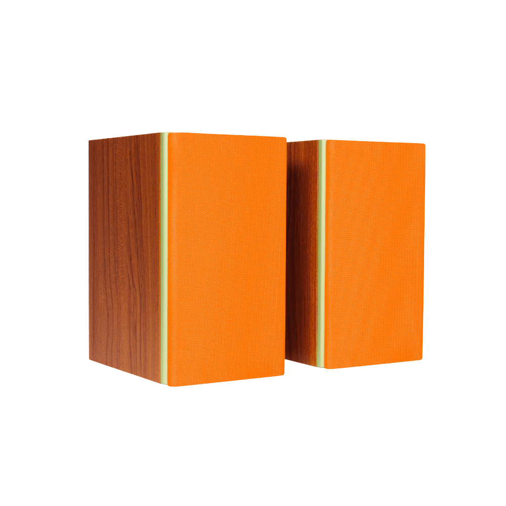 Encel Gelati Bookshelf Speakers in Walnut Pistachio with Fluro Orange Grilles