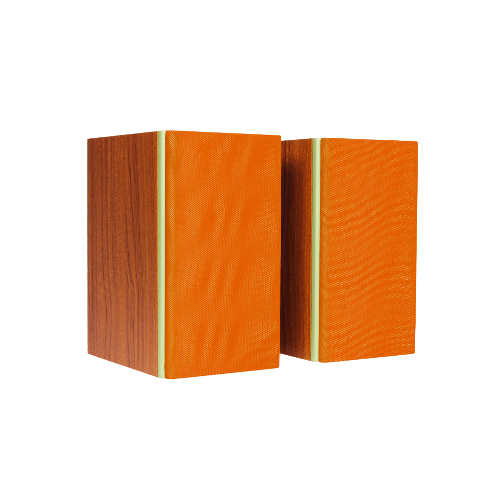 Encel Gelati Bookshelf Speakers in Walnut Pistachio with Apricot Grilles