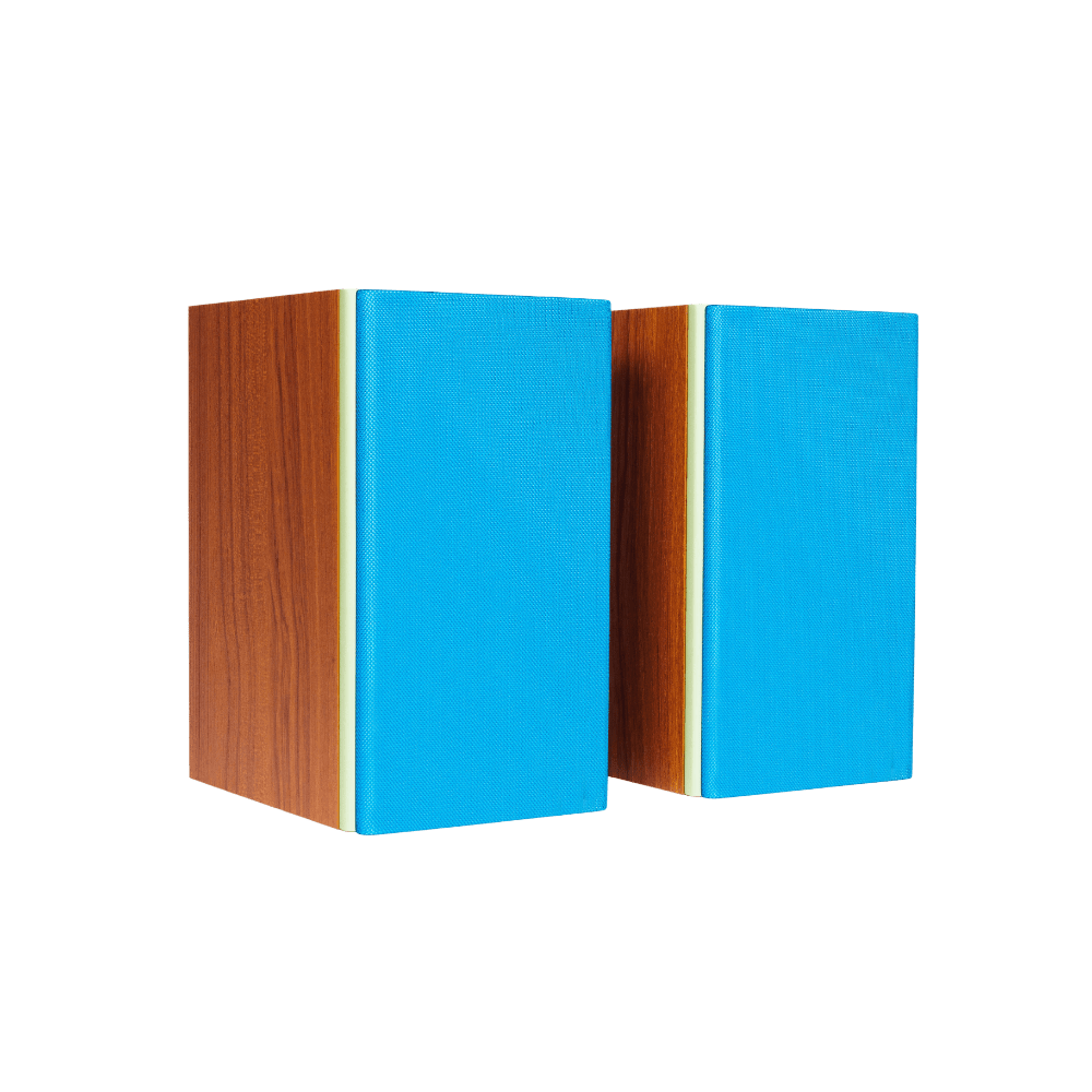 Encel Gelati Bookshelf Speakers in Walnut Pistachio with Ocean Blue Grilles