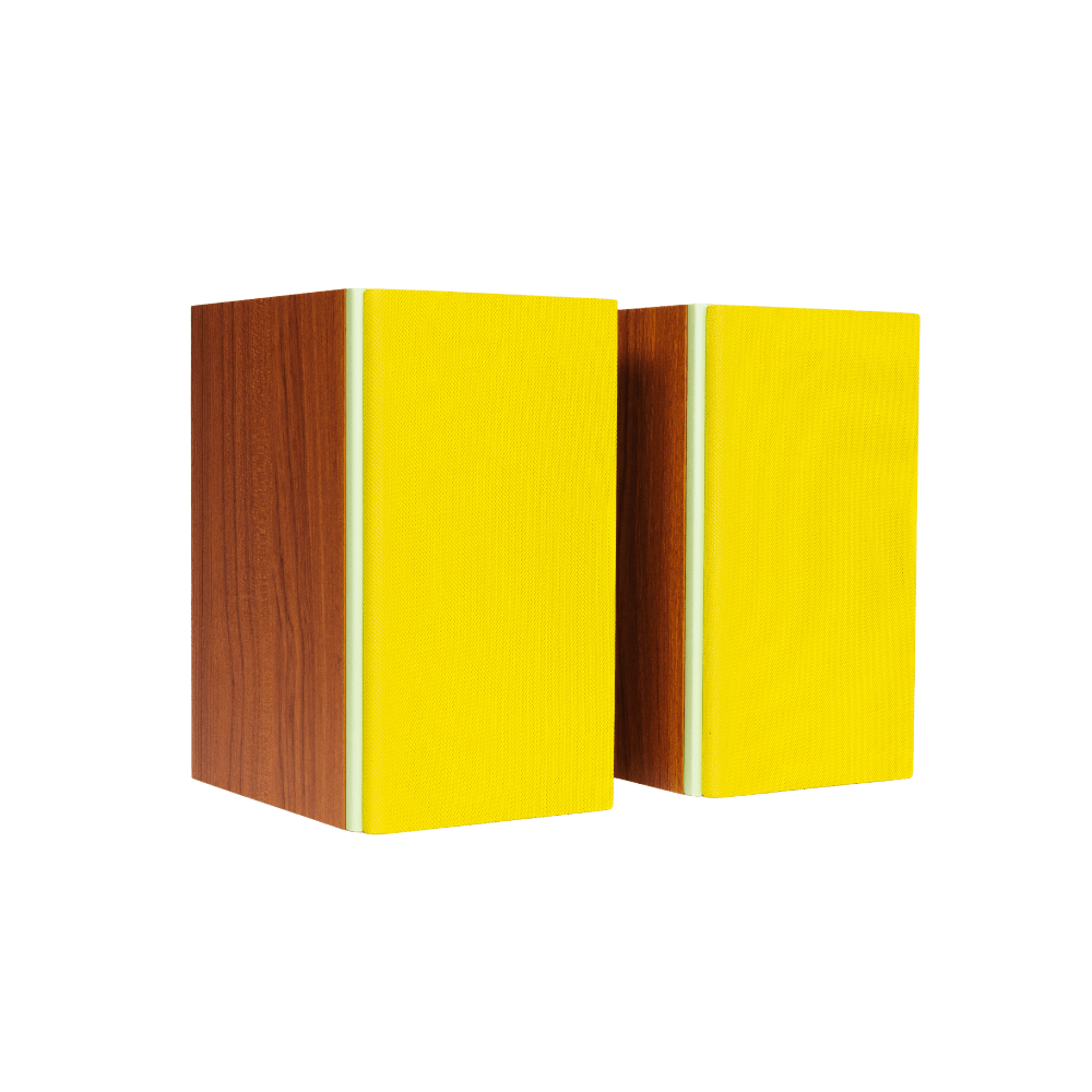 Encel Gelati Bookshelf Speakers in Walnut Pistachio with Lemon Yellow Grilles