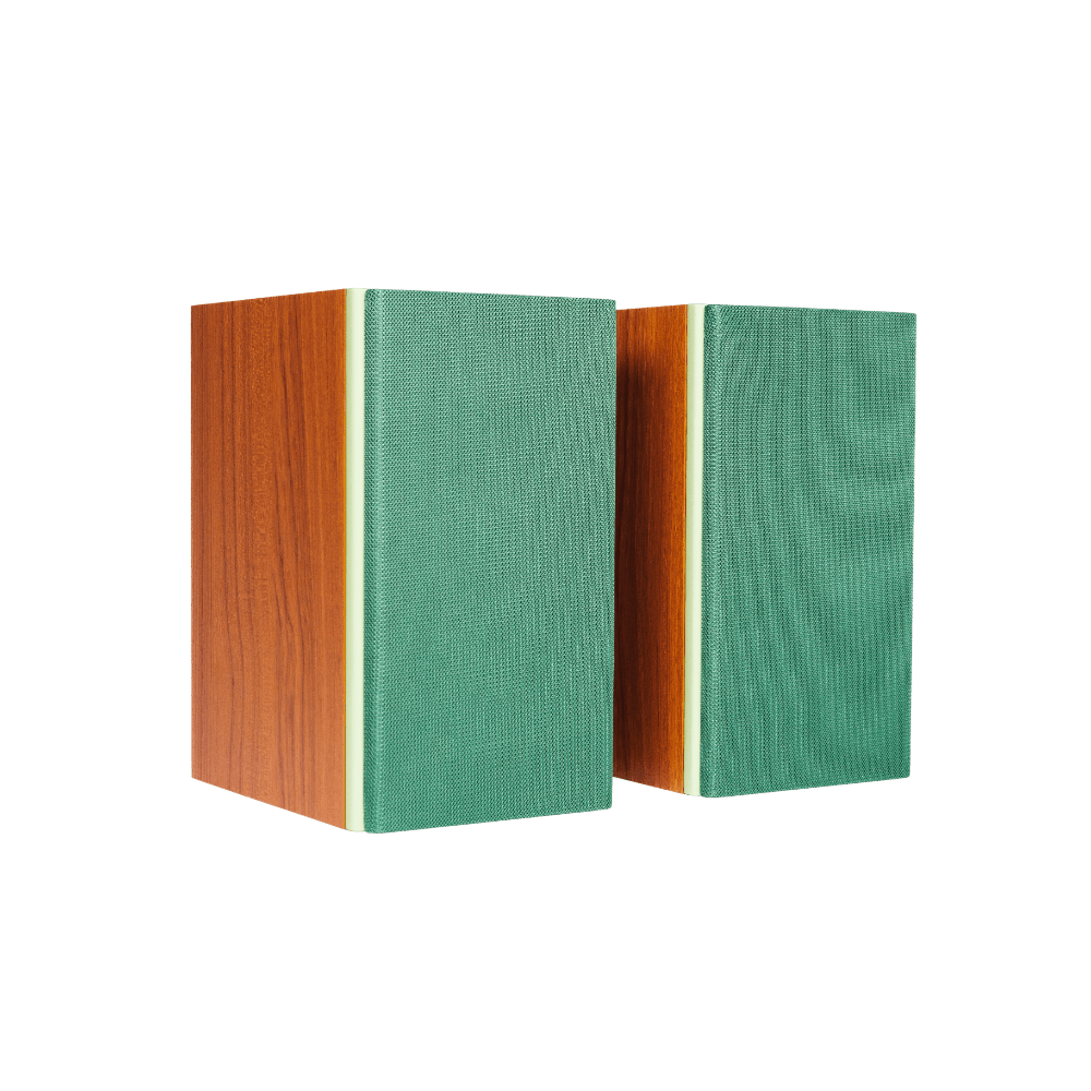 Encel Gelati Bookshelf Speakers in Walnut Pistachio with Eucalyptus Green Grilles
