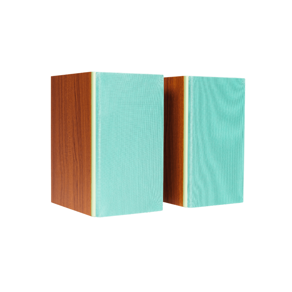Encel Gelati Bookshelf Speakers in Walnut Pistachio with Turquoise Grilles