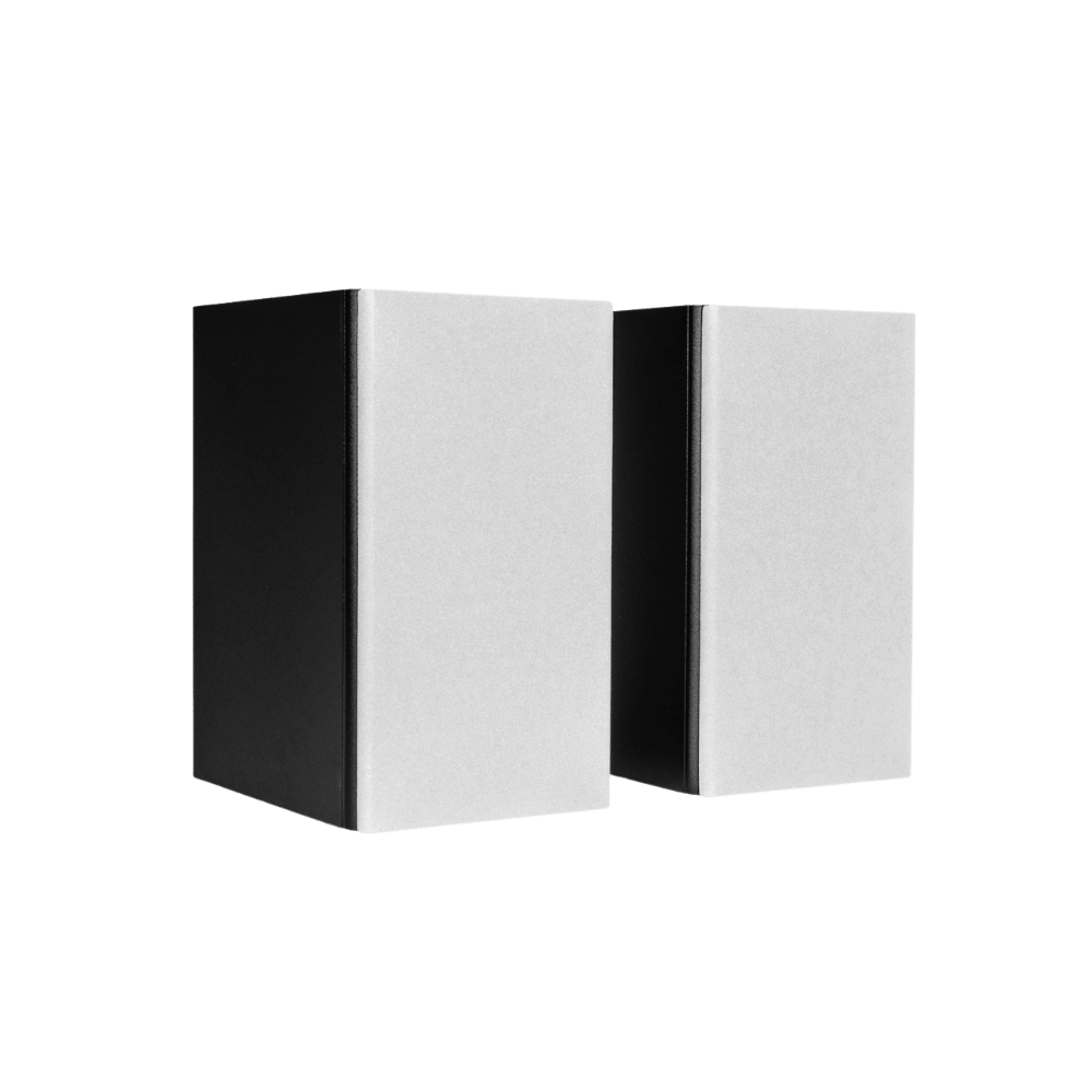 Encel Raw Gelati Bookshelf Speakers, angled with white grilles