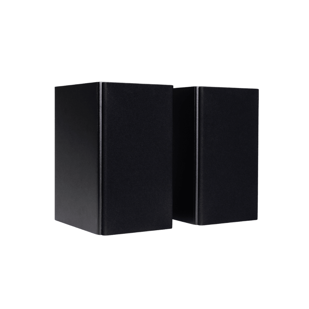 Encel Raw Gelati Bookshelf Speakers, angled with grilles