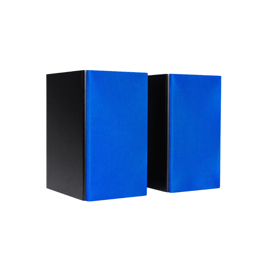 Encel Raw Gelati Bookshelf Speakers, angled with Ocean blue grilles