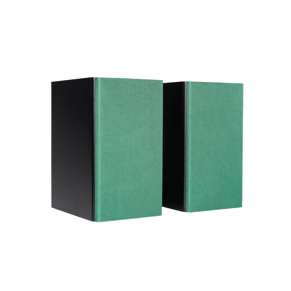 Encel Raw Gelati Bookshelf Speakers, angled with eucalyptus green grilles