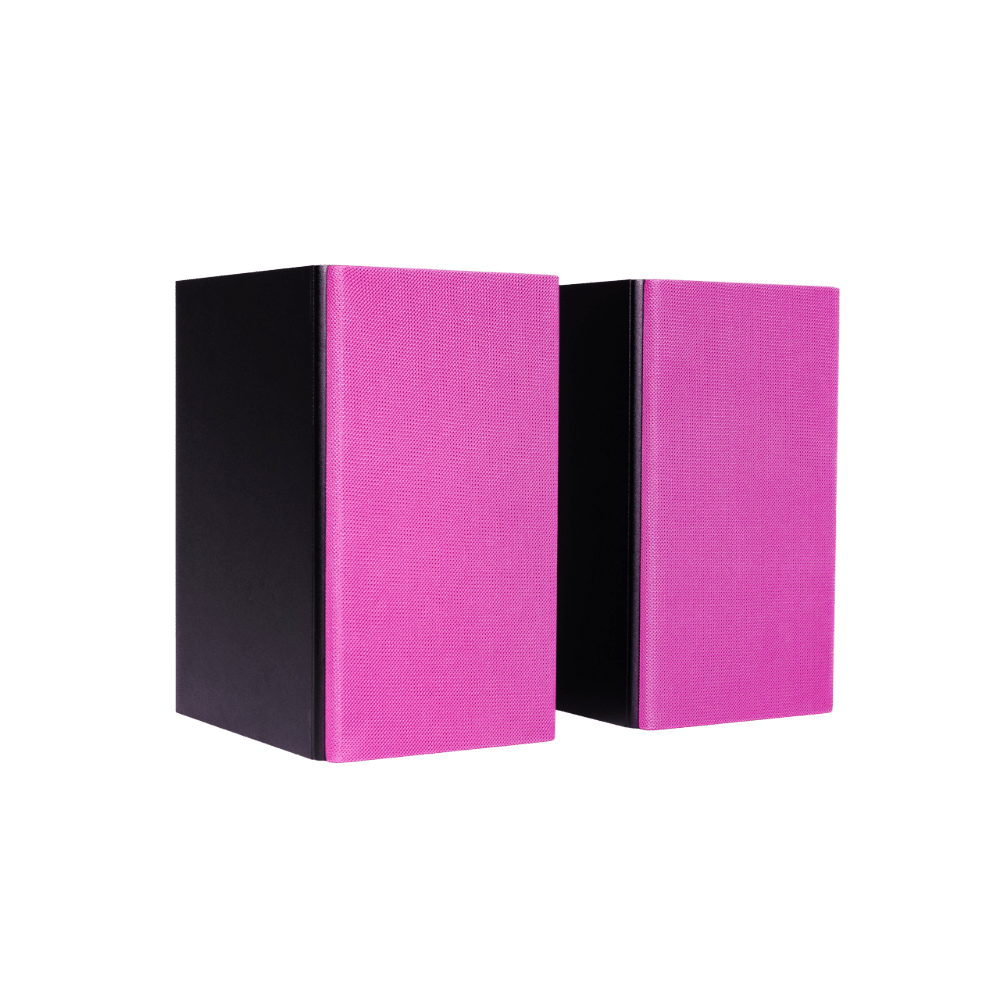 Encel Raw Gelati Bookshelf Speakers, angled with Valentine pink grilles