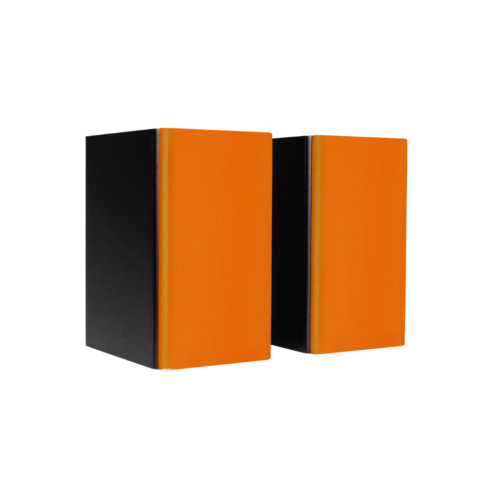 Encel Raw Gelati Bookshelf Speakers, angled with apricot grilles