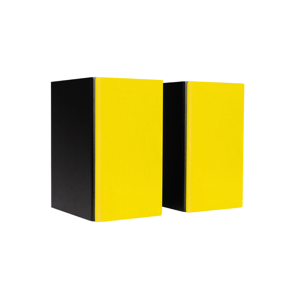 Encel Raw Gelati Bookshelf Speakers, angled with lemon yellow grilles
