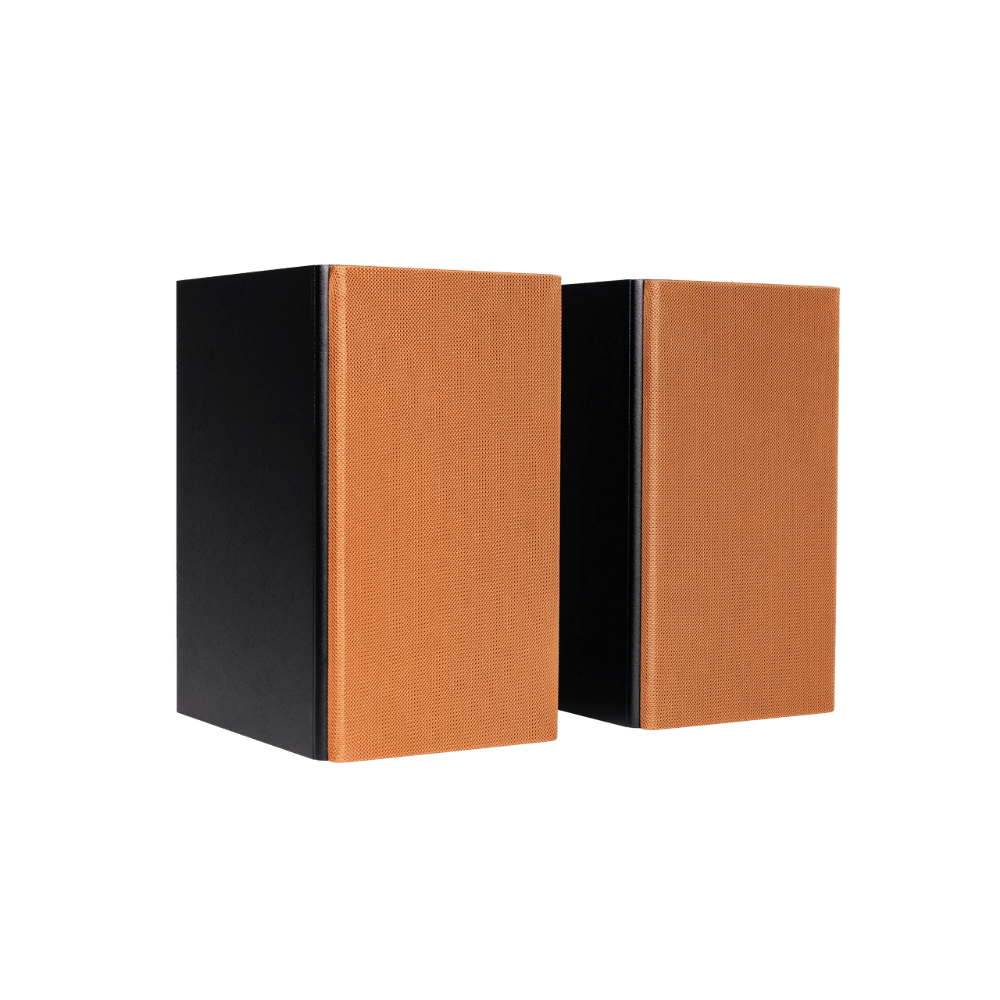 Encel Raw Gelati Bookshelf Speakers, angled with coffee brown grilles