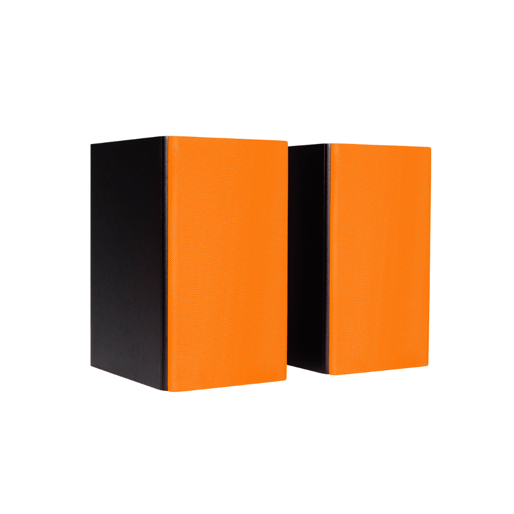 Encel Raw Gelati Bookshelf Speakers, angled with orange fluro grilles