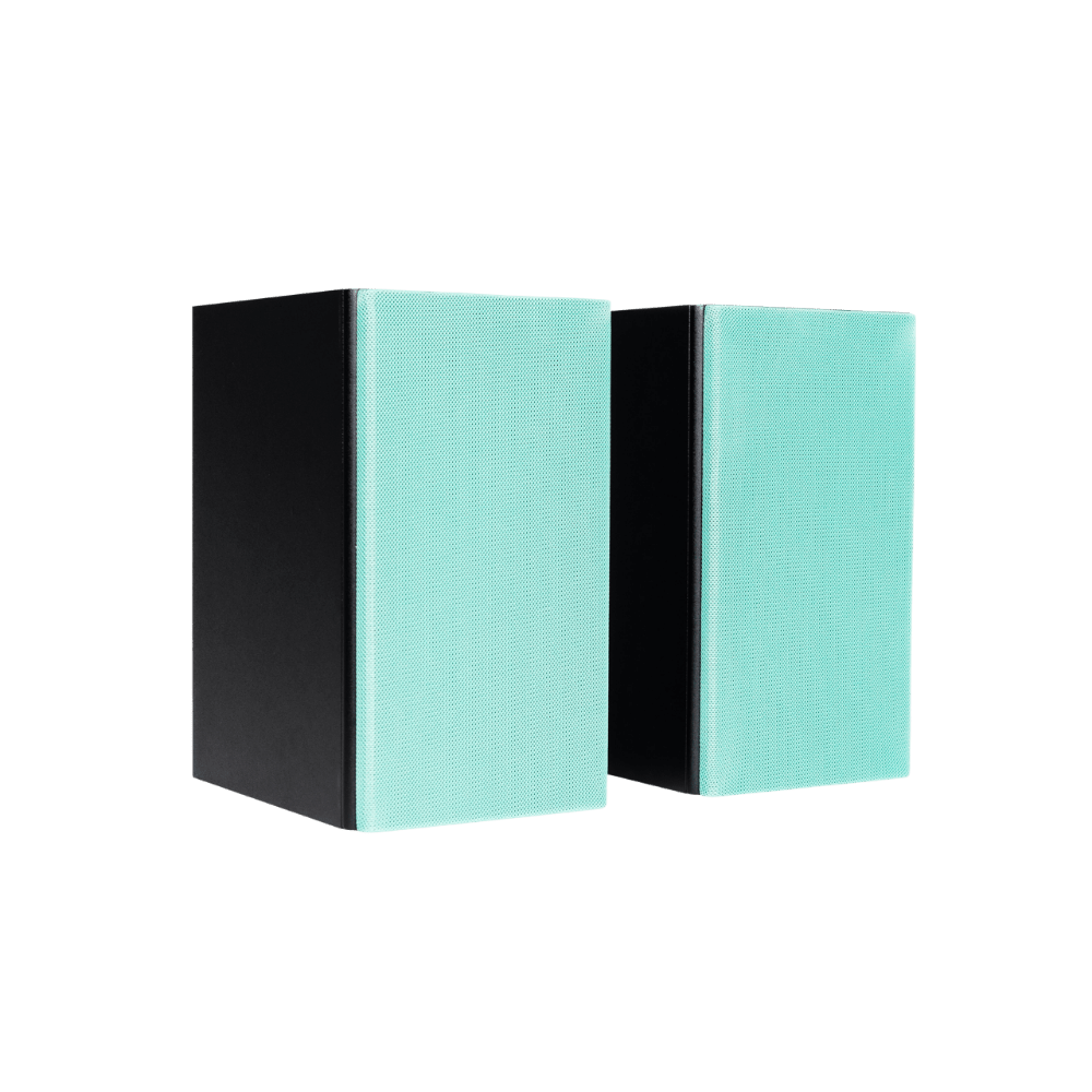 Encel Raw Gelati Bookshelf Speakers, angled with turquoise grilles