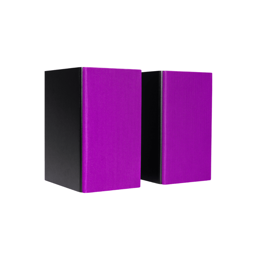 Encel Raw Gelati Bookshelf Speakers, angled with plum purple grilles