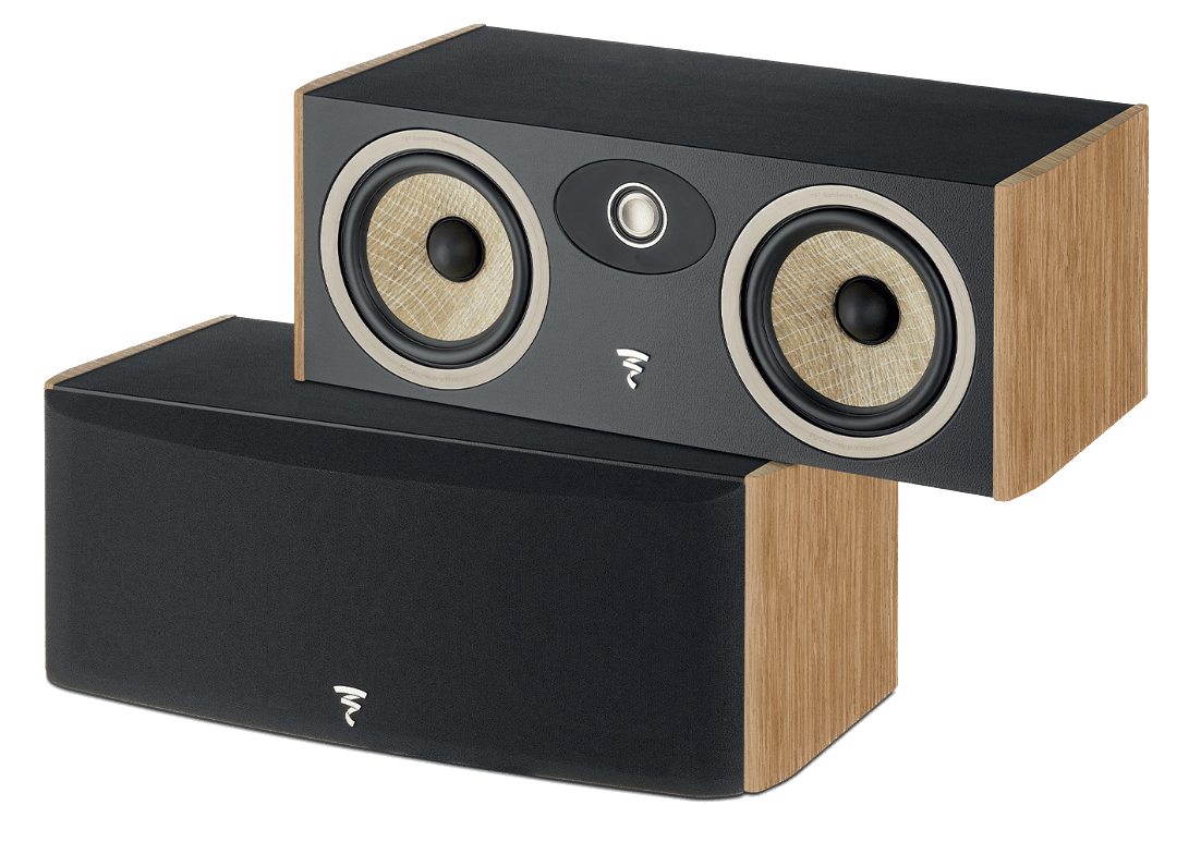 Focal Aria EVO X Centre Speakers in Prime Walnut, shown without and with grille