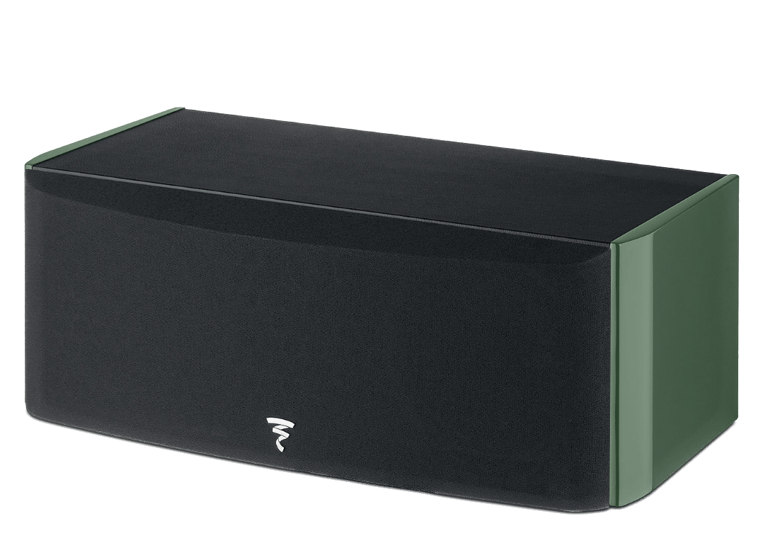 Focal Aria EVO X Centre Speaker in Moss Green, angled with grille