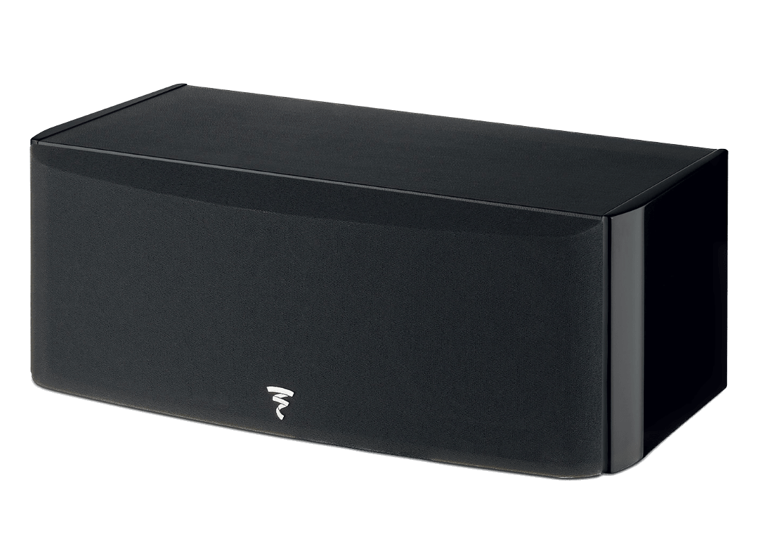 Focal Aria EVO X Centre Speaker in High Gloss Black, angled with grille