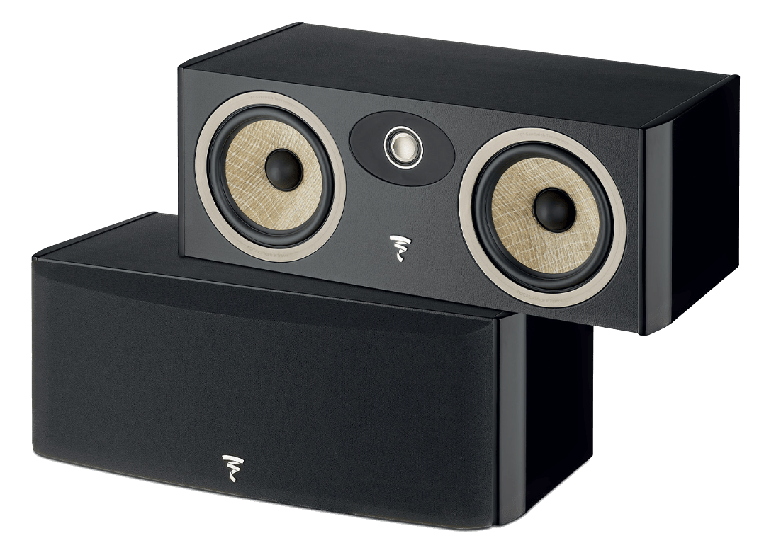 Focal Aria EVO X Centre Speakers in Black, shown without and with grille